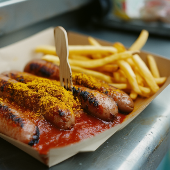 Currywurst mit selbst gemachter Currysoße und viel Currypulver auf einer Pappschale, daneben Pommes