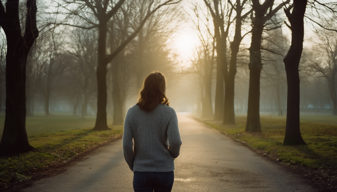 Frau geht allein auf einem nebligen Parkweg im Morgenlicht – tägliche Spaziergänge helfen bei Trauer und Depression nach einer Trennung