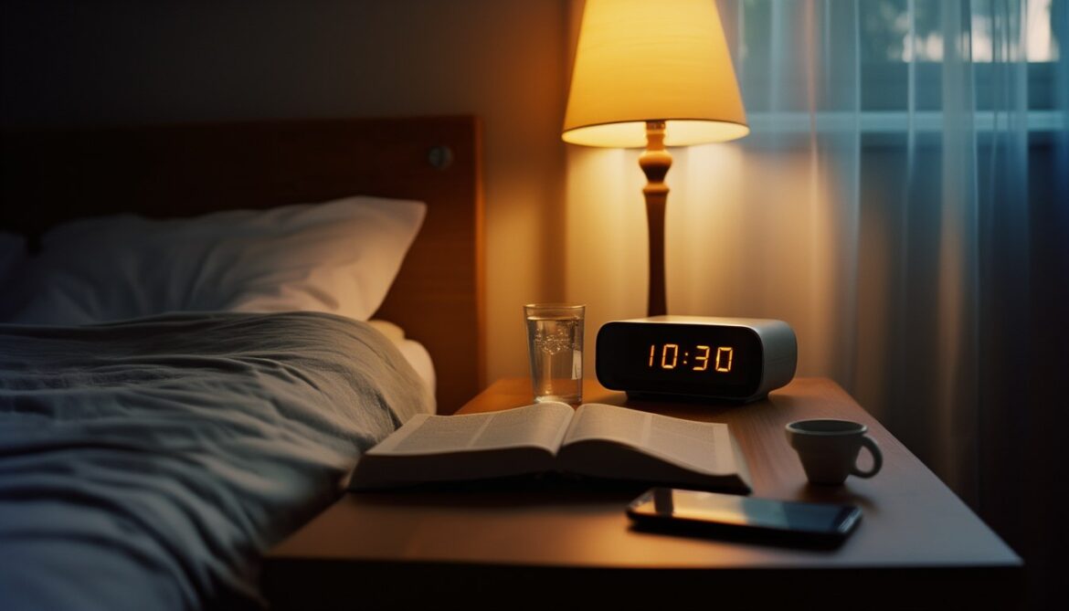 Nachttisch am Abend mit analogem Wecker, aufgeschlagenem Buch und warmer Leselampe, das Smartphone liegt umgedreht außer Reichweite