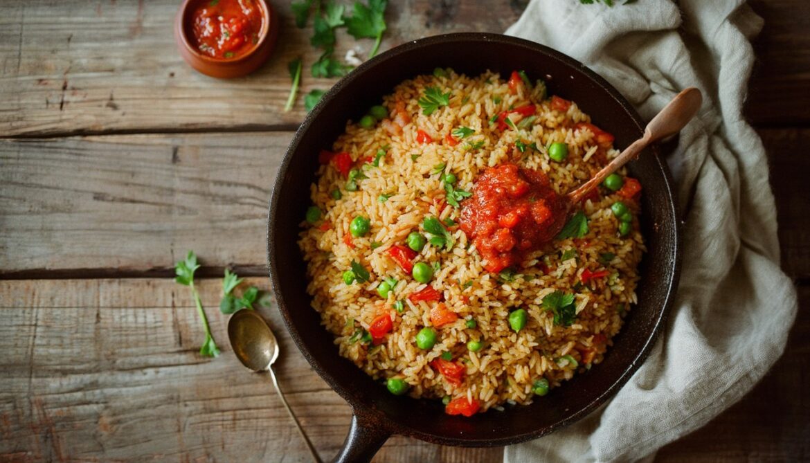 Djuvec-Reis mit Paprika, Erbsen und Ajvar in einer Pfanne, garniert mit frischer Petersilie