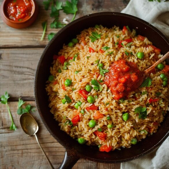 Djuvec-Reis mit Paprika, Erbsen und Ajvar in einer Pfanne, garniert mit frischer Petersilie