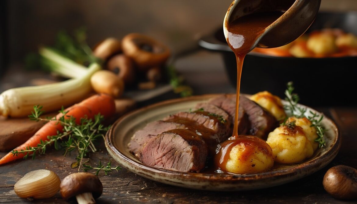 Dunkle vegane Bratensoße wird aus einer Sauciere über Knödel und Bratenscheiben gegossen, daneben geröstetes Wurzelgemüse
