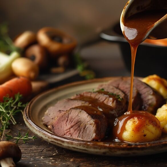 Dunkle vegane Bratensoße wird aus einer Sauciere über Knödel und Bratenscheiben gegossen, daneben geröstetes Wurzelgemüse