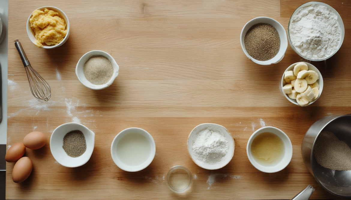 Verschiedene Ei-Ersatz-Alternativen zum Backen wie Apfelmus, Banane, Leinsamen und Seidentofu in kleinen Schälchen auf einer Küchenarbeitsplatte