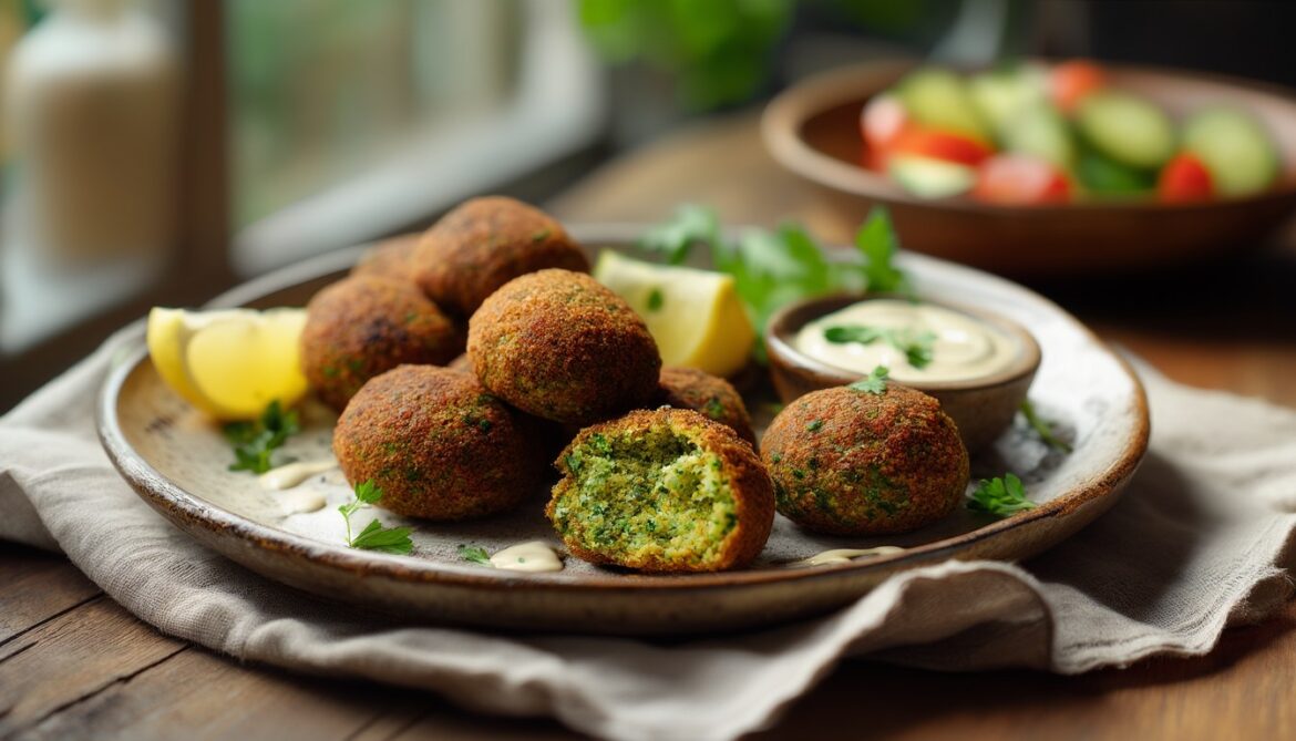 Aufgebrochene knusprige Falafel aus dem Ofen auf einem Teller mit Tahin-Sauce, Zitrone und Petersilie