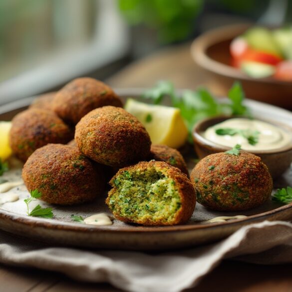 Aufgebrochene knusprige Falafel aus dem Ofen auf einem Teller mit Tahin-Sauce, Zitrone und Petersilie
