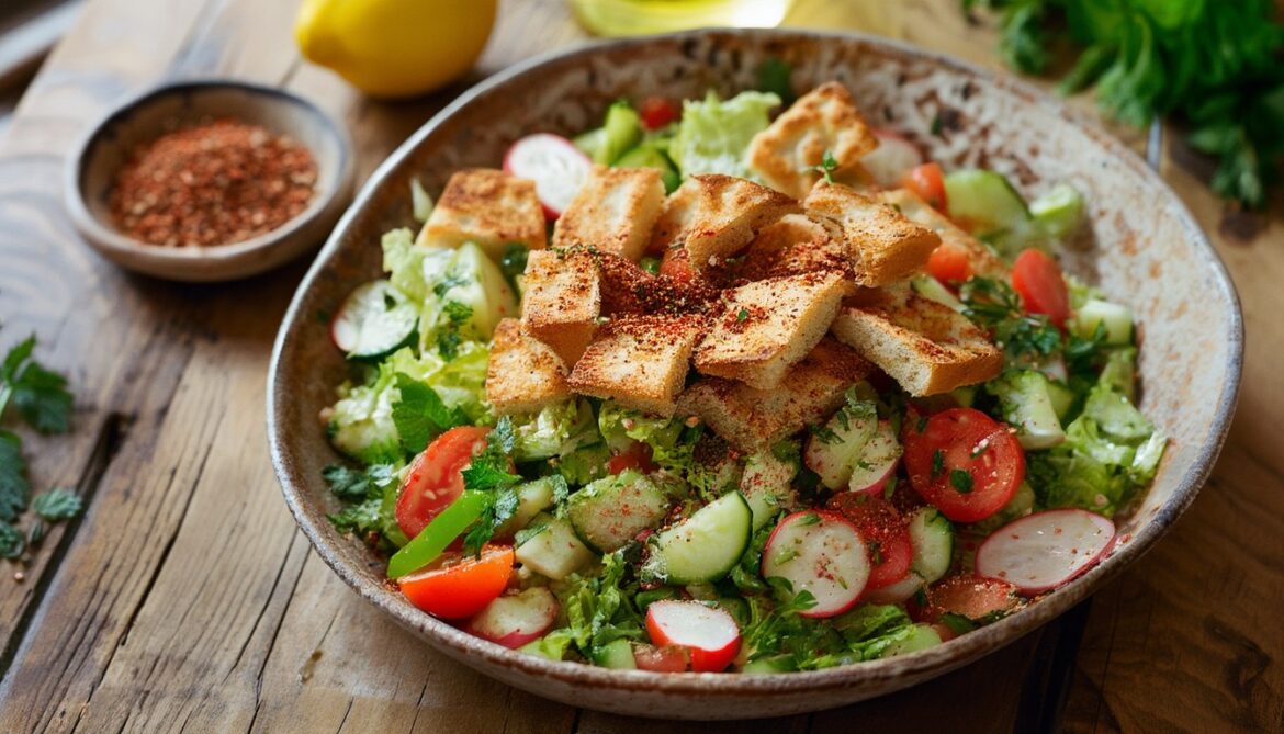 Libanesischer Fattoush-Brotsalat mit geröstetem Fladenbrot, Sommergemüse und Sumach in einer Keramikschüssel