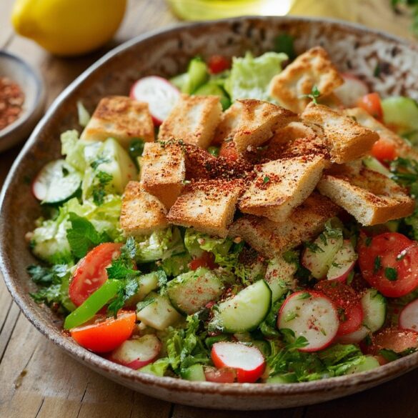 Libanesischer Fattoush-Brotsalat mit geröstetem Fladenbrot, Sommergemüse und Sumach in einer Keramikschüssel