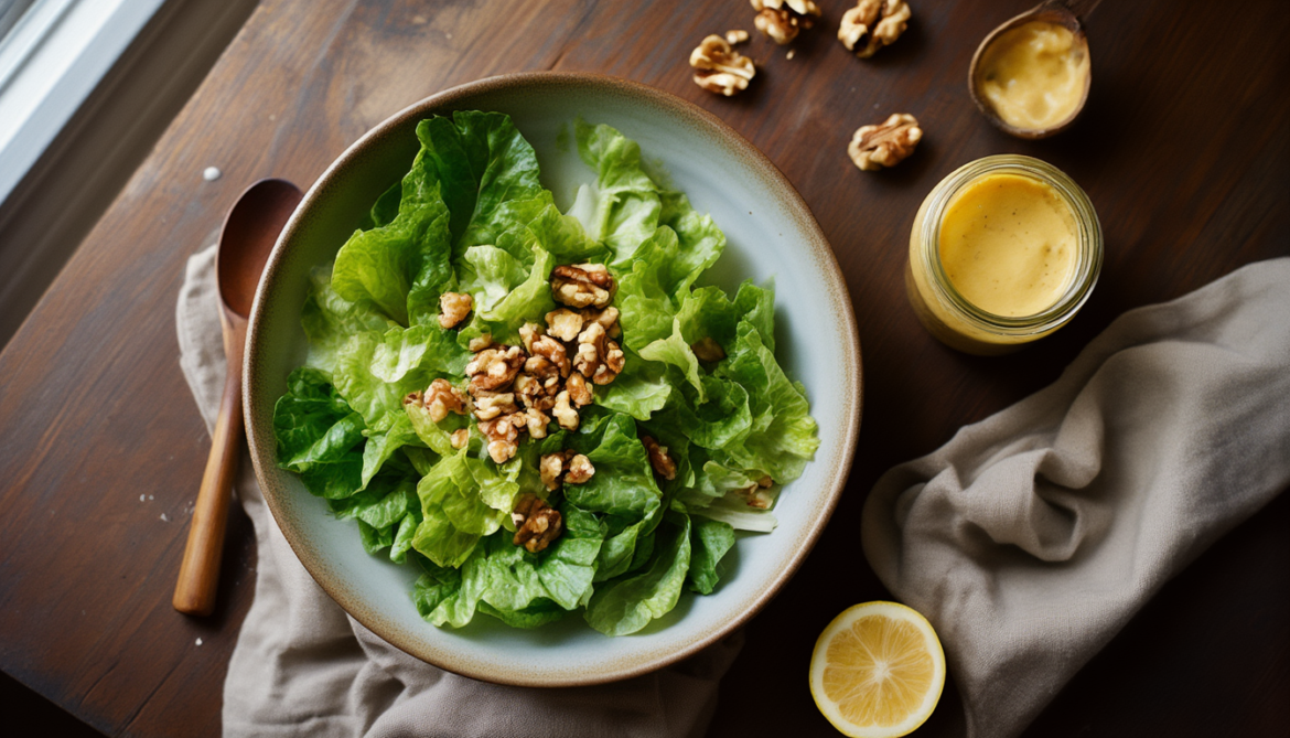 Feldsalat mit gerösteten Walnüssen in einer Schale, daneben ein Glas cremiges Honig-Senf-Dressing