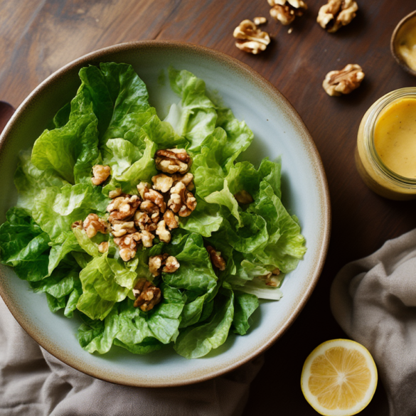 Feldsalat mit gerösteten Walnüssen in einer Schale, daneben ein Glas cremiges Honig-Senf-Dressing