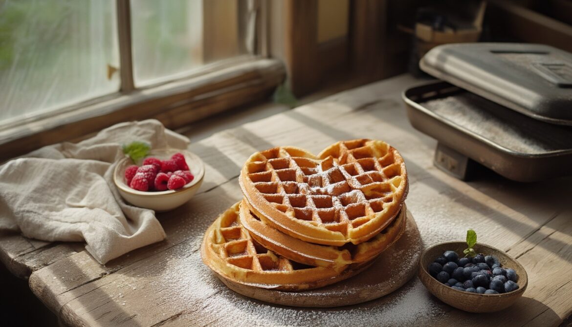 Stapel frisch gebackener fluffiger Herzwaffeln mit Puderzucker, Himbeeren und Blaubeeren auf einem hellen Holztisch
