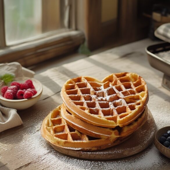 Stapel frisch gebackener fluffiger Herzwaffeln mit Puderzucker, Himbeeren und Blaubeeren auf einem hellen Holztisch