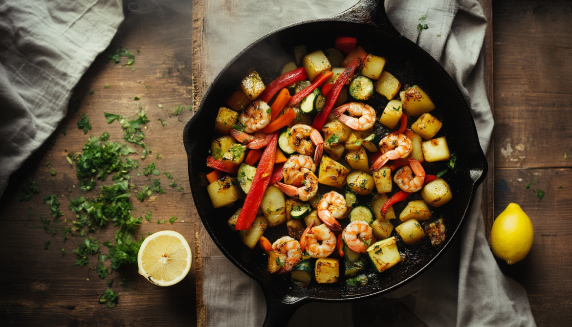 Gusseiserne Pfanne mit gebratenen Garnelen, goldbraunen Kartoffelwürfeln, Paprika, Zucchini und Karotten