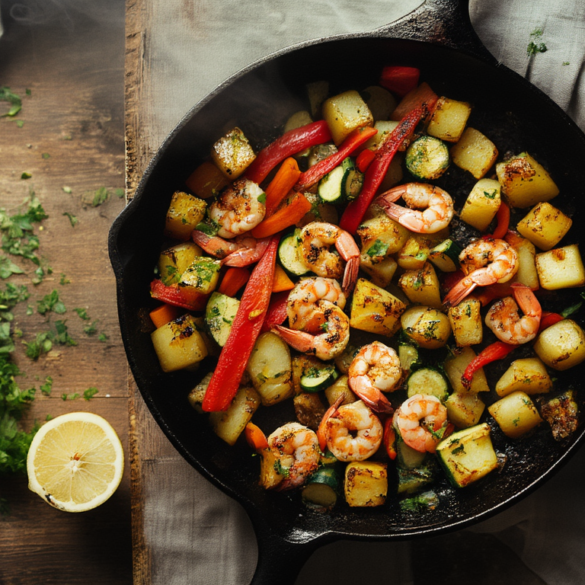 Gusseiserne Pfanne mit gebratenen Garnelen, goldbraunen Kartoffelwürfeln, Paprika, Zucchini und Karotten