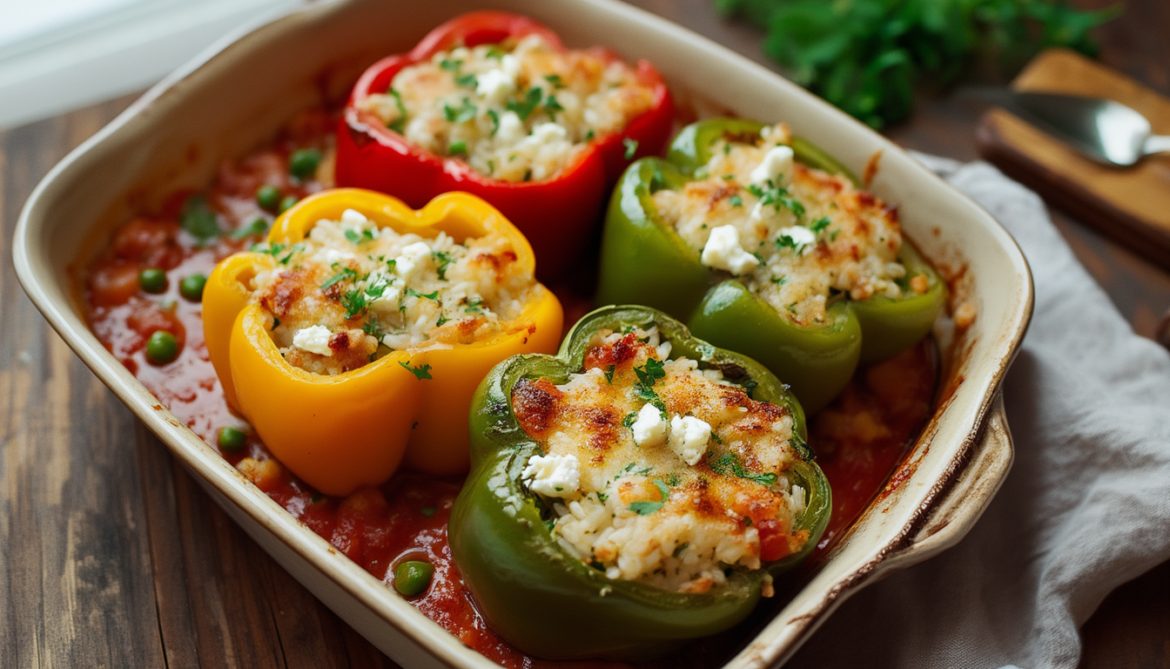 Vegetarisch gefüllte Paprika mit Reis und Feta in einer Auflaufform mit Tomatensoße