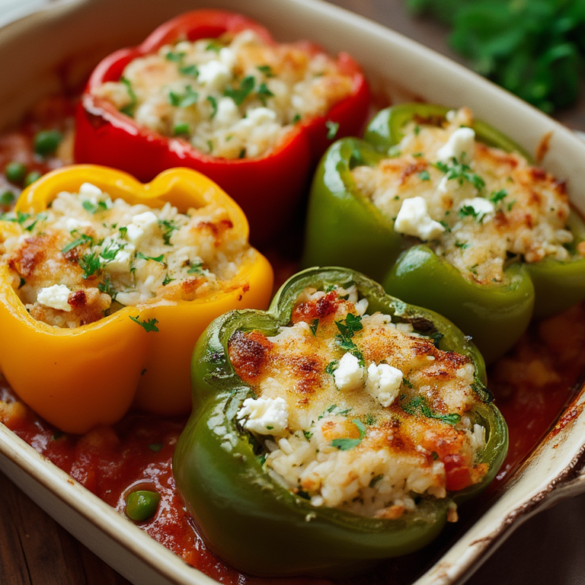 Vegetarisch gefüllte Paprika mit Reis und Feta in einer Auflaufform mit Tomatensoße