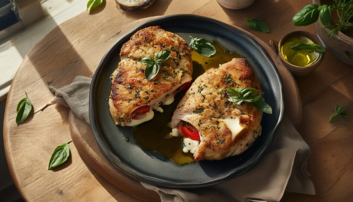 Aufgeschnittene gefüllte Putenbrust italienische Art mit geschmolzenem Mozzarella, Tomate und Basilikum auf einem dunklen Teller