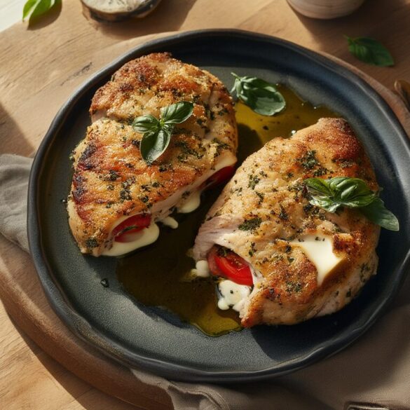 Aufgeschnittene gefüllte Putenbrust italienische Art mit geschmolzenem Mozzarella, Tomate und Basilikum auf einem dunklen Teller
