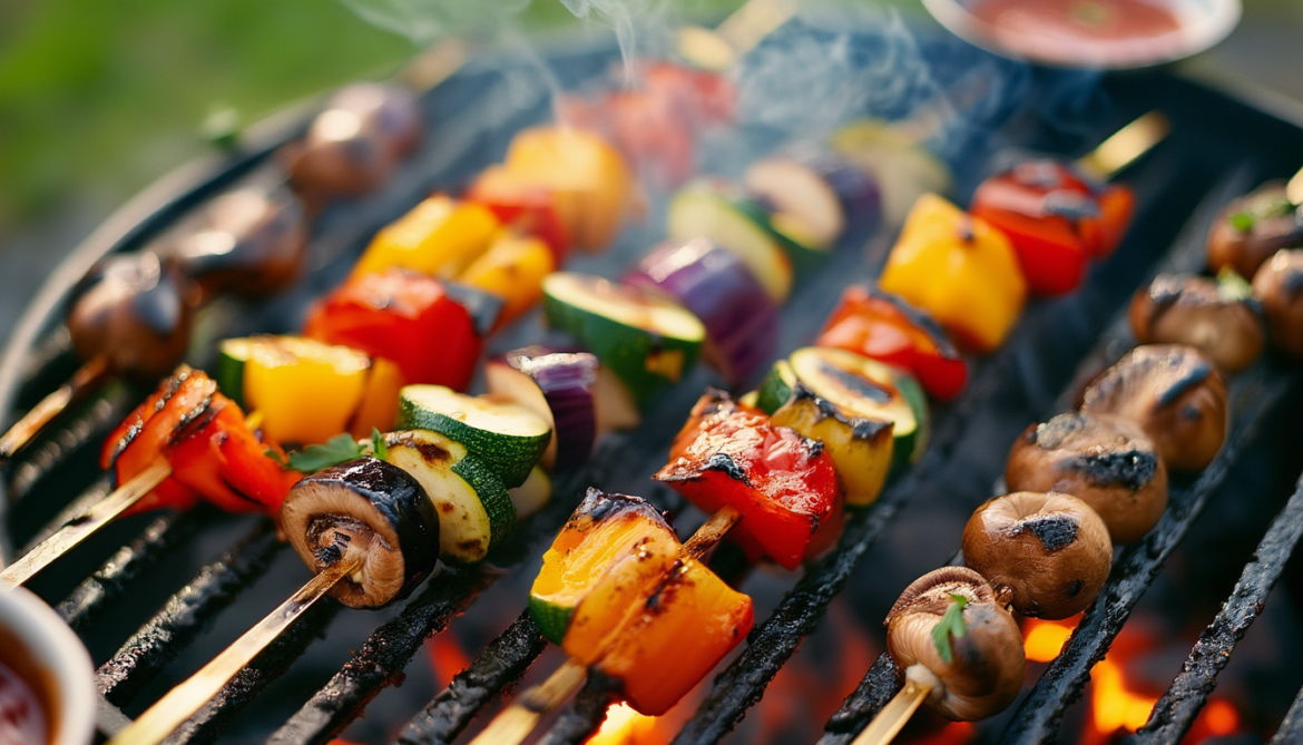 Vier bunte Gemüse-Schaschlik-Spieße mit Paprika, Zucchini, Aubergine, Champignons und roten Zwiebeln mit Röstkanten auf einem heißen Grillrost