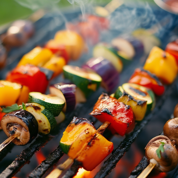 Vier bunte Gemüse-Schaschlik-Spieße mit Paprika, Zucchini, Aubergine, Champignons und roten Zwiebeln mit Röstkanten auf einem heißen Grillrost