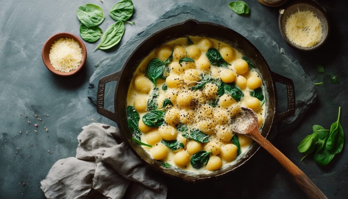 Cremige Gnocchi mit Spinat in Käse-Sahnesoße in einer gusseisernen Pfanne, bestreut mit geriebenem Käse
