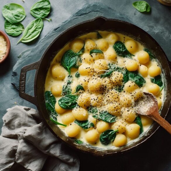 Gnocchi mit Spinat in Käse-Sahnesoße – cremig in 20 Minuten Cremige Gnocchi mit Spinat in Käse-Sahnesoße in einer gusseisernen Pfanne, bestreut mit geriebenem Käse
