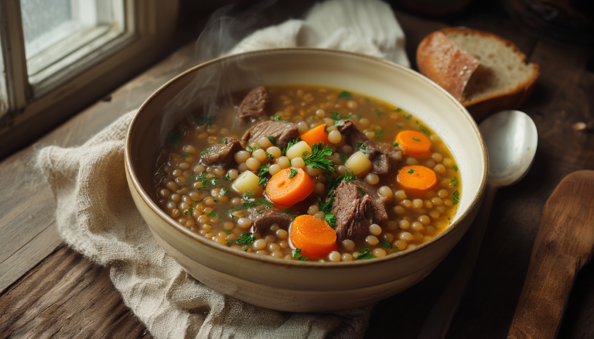 Dampfende Graupensuppe mit Rindfleisch, Möhren und Petersilie in einer Steingutschale auf einem dunklen Holztisch