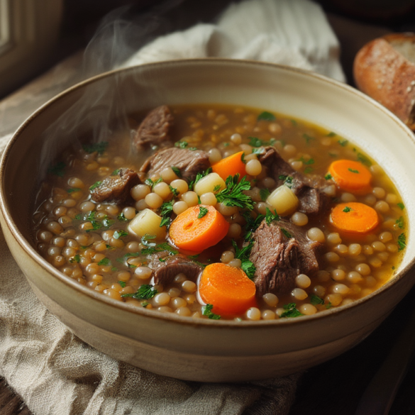 Dampfende Graupensuppe mit Rindfleisch, Möhren und Petersilie in einer Steingutschale auf einem dunklen Holztisch