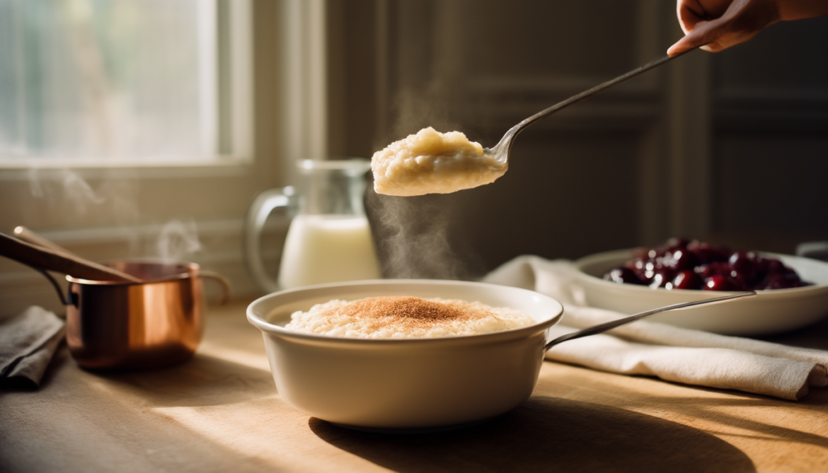 Cremiger Grießbrei in einer weißen Schale mit Zimtzucker, daneben warmes Kirschkompott und ein Krug Milch