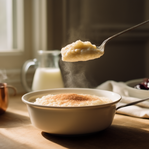 Grießbrei selber machen: cremig & warm in 15 Minuten Cremiger Grießbrei in einer weißen Schale mit Zimtzucker, daneben warmes Kirschkompott und ein Krug Milch