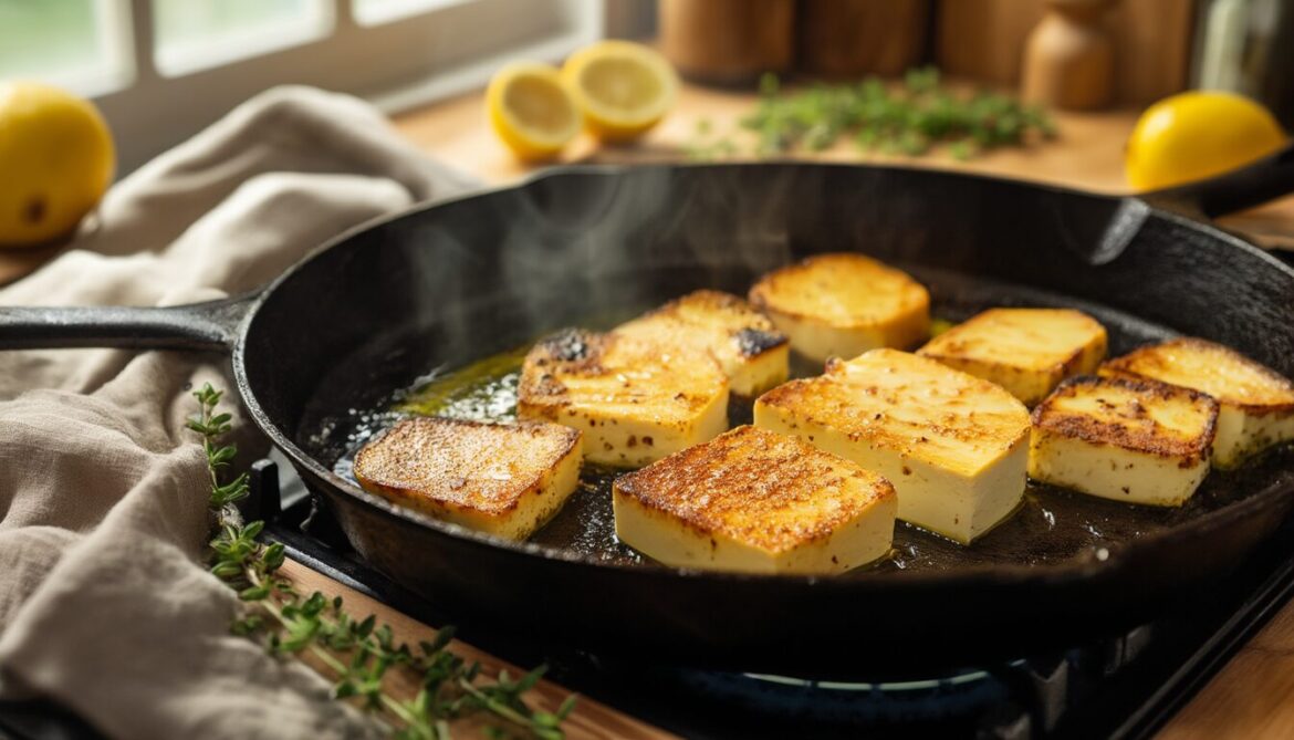 Goldbraun gebratene Halloumi-Scheiben mit knuspriger Kruste in einer gusseisernen Pfanne, daneben Thymian und Zitrone