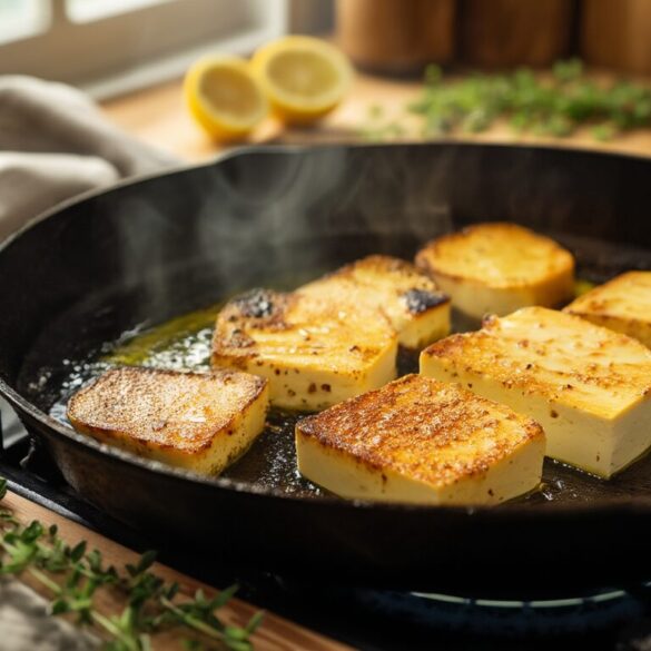 Halloumi braten: goldbraun, knusprig und ohne Ankleben Goldbraun gebratene Halloumi-Scheiben mit knuspriger Kruste in einer gusseisernen Pfanne, daneben Thymian und Zitrone
