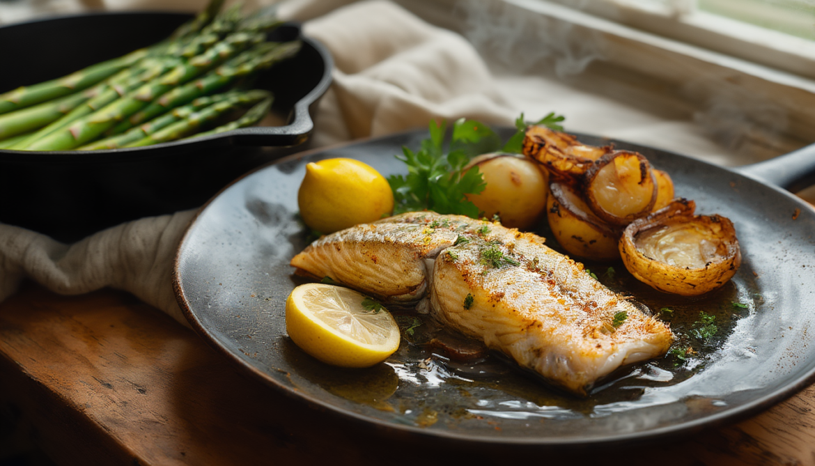 Gebratene Heringfilets mit knuspriger Haut, gebratenem grünem Spargel und Bratkartoffeln auf einem dunklen Teller mit Zitrone und Petersilie