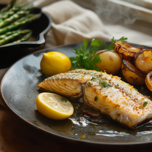 Hering mit grünem Spargel und Bratkartoffeln in 35 Minuten Gebratene Heringfilets mit knuspriger Haut, gebratenem grünem Spargel und Bratkartoffeln auf einem dunklen Teller mit Zitrone und Petersilie