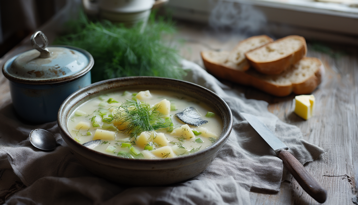 Heringssuppe mit Kartoffeln und Lauch in einer rustikalen Steingutschale, mit frischem Dill bestreut, daneben dunkles Roggenbrot