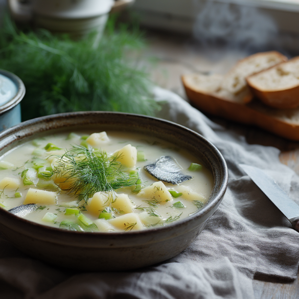 Heringssuppe mit Kartoffeln und Lauch in einer rustikalen Steingutschale, mit frischem Dill bestreut, daneben dunkles Roggenbrot