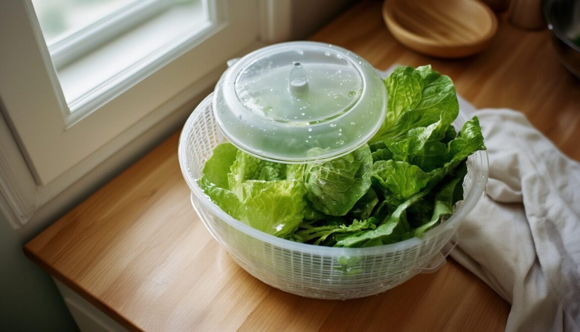Salatschleuder mit geöffnetem Deckel und frisch gewaschenem Blattsalat im Siebkorb auf einer hellen Küchenarbeitsplatte
