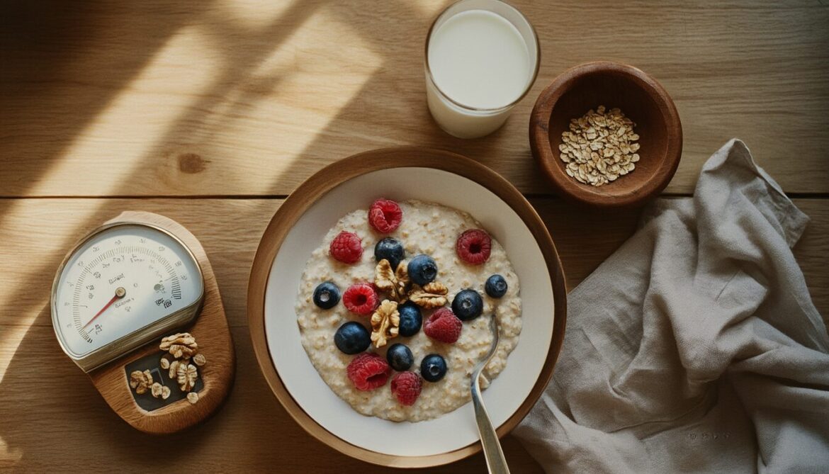 Schüssel Haferbrei mit Beeren und Nüssen neben rohen Haferflocken und einer Küchenwaage auf einem Holztisch