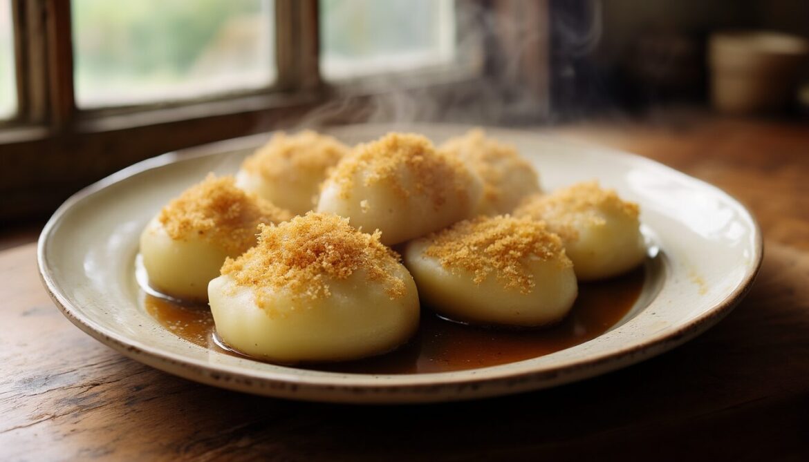 Frisch gekochte Kartoffelknödel auf einem Teller mit Bratensauce und Butterbröseln