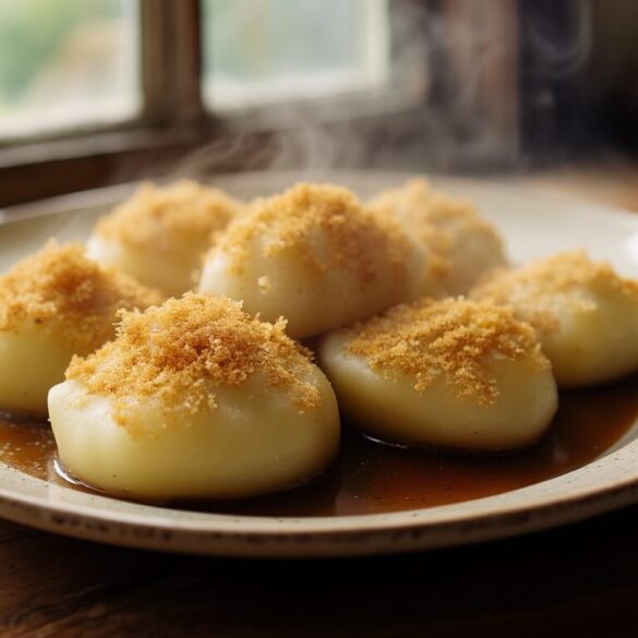 Frisch gekochte Kartoffelknödel auf einem Teller mit Bratensauce und Butterbröseln
