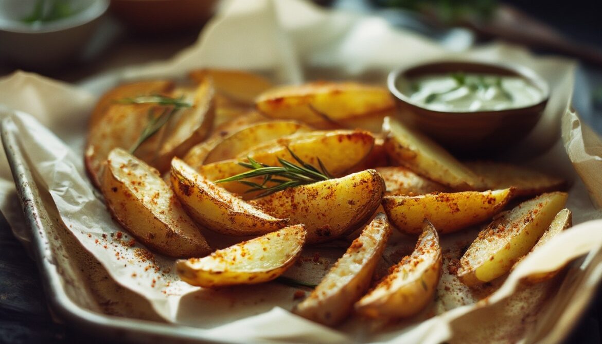 Knusprige Kartoffelspalten mit Schale auf einem Backblech, bestreut mit Paprika und Rosmarin, daneben ein Kräuterdip