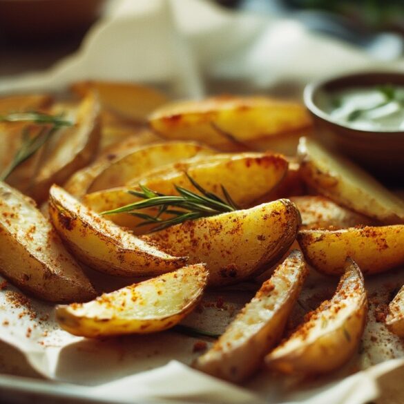 Kartoffelspalten aus dem Ofen: würzige Wedges mit Schale Knusprige Kartoffelspalten mit Schale auf einem Backblech, bestreut mit Paprika und Rosmarin, daneben ein Kräuterdip