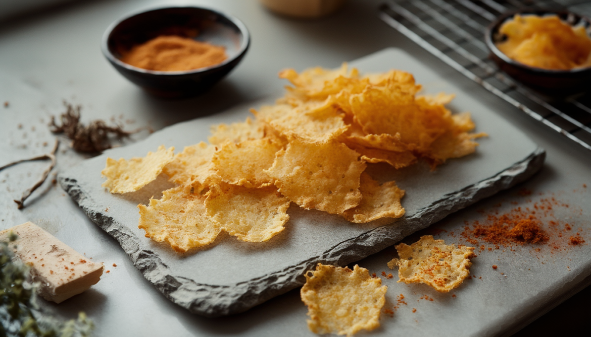 Selbstgemachte goldbraune Käsechips aus geriebenem Gouda auf einer Schieferplatte, daneben eine Schale mit Paprika-Chips