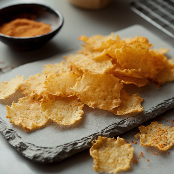 Käsechips selber machen: knusprig in 8 Minuten (Ofen, Airfryer, Mikrowelle) Selbstgemachte goldbraune Käsechips aus geriebenem Gouda auf einer Schieferplatte, daneben eine Schale mit Paprika-Chips