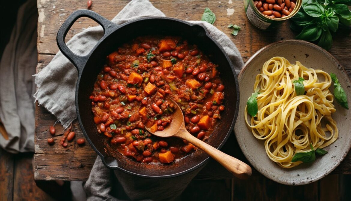 Gusseiserne Pfanne mit veganer Kidneybohnen-Bolognese, daneben ein Nest frischer Tagliatelle, Basilikum und eine geöffnete Dose Kidneybohnen auf dunklem Holztisch