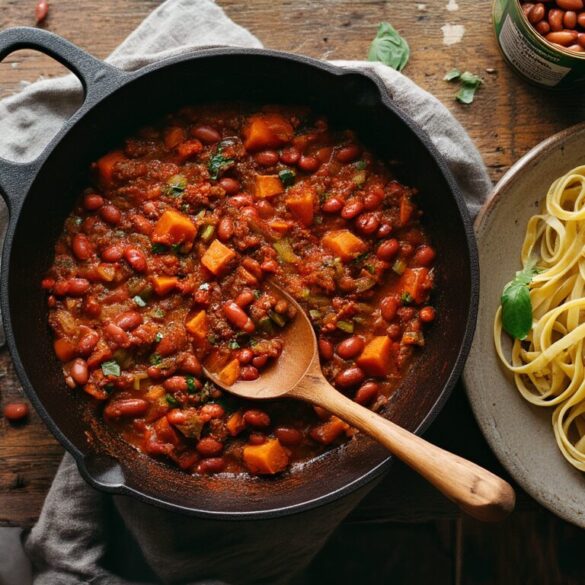 Gusseiserne Pfanne mit veganer Kidneybohnen-Bolognese, daneben ein Nest frischer Tagliatelle, Basilikum und eine geöffnete Dose Kidneybohnen auf dunklem Holztisch