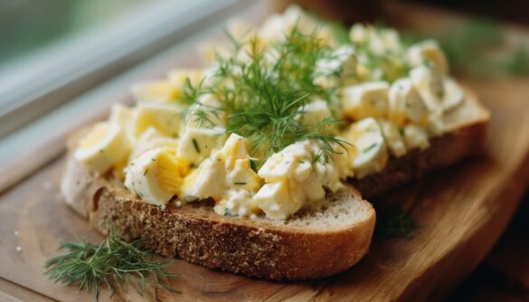 Cremiger klassischer Eiersalat auf einer Scheibe Vollkornbrot mit Dill und Schnittlauch garniert