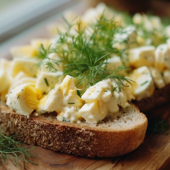 Cremiger klassischer Eiersalat auf einer Scheibe Vollkornbrot mit Dill und Schnittlauch garniert