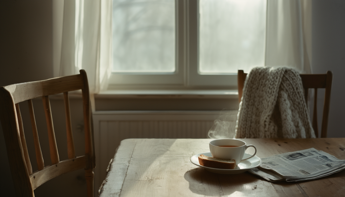 Unberührtes Frühstück mit kalt gewordener Teetasse auf einem Holztisch, dahinter ein leerer Stuhl im Morgenlicht