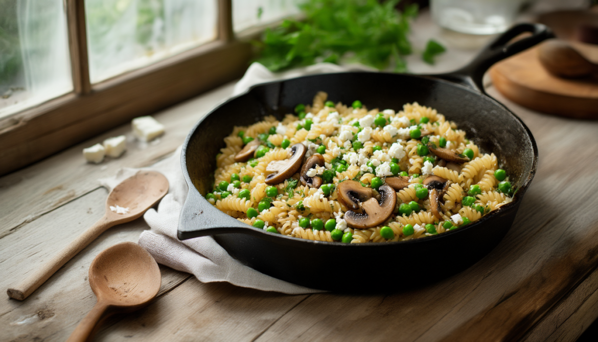 Gusseiserne Pfanne mit cremigen Kritharaki, Erbsen, goldbraunen Champignons und zerbröckeltem Feta auf Holztisch